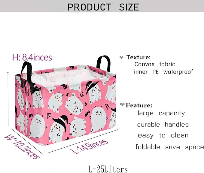 Halloween Pink Ghost Storage Basket Gift Shelf Basket Storage Bin, Toys Nursery Basket Organizer Box for With Handles for Room Deco