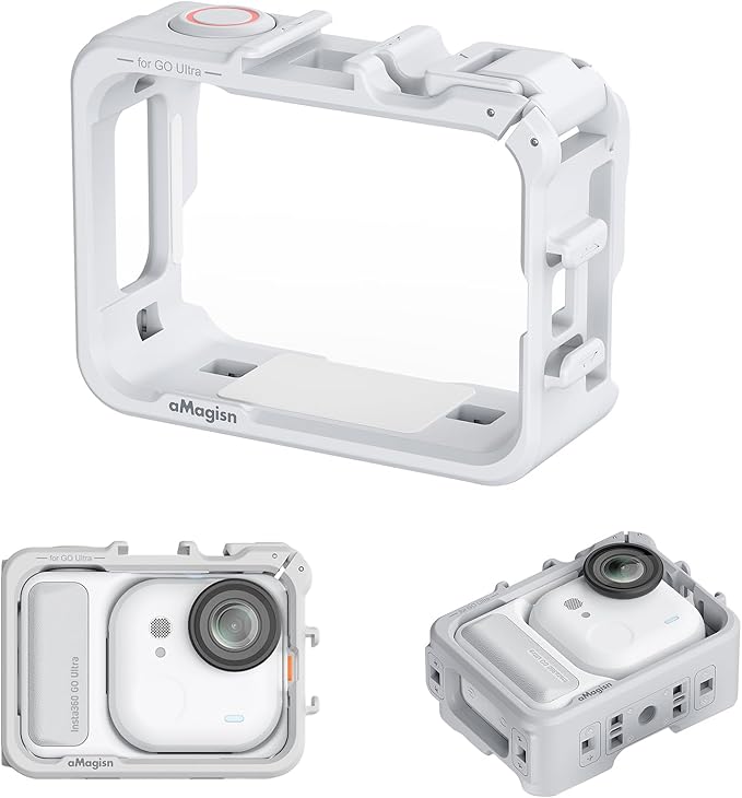 Cage for Insta360 Go Ultra Accessories, Protective Horizontally-Vertically Shoot Case for Insta360 Go Ultra, with Cold Shoe Mounts, 1/4" Threads, Quick Release Mounts Adapter, Ultra-Light (White)