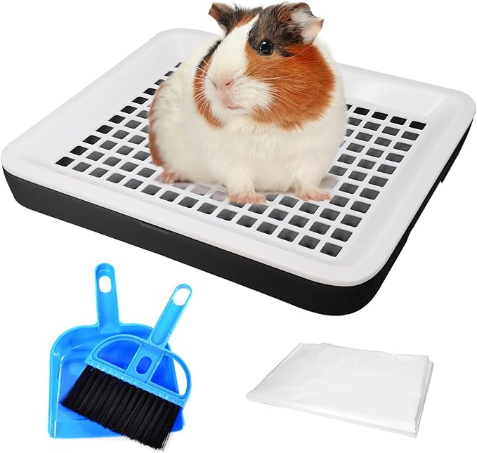 Fhiny Guinea Pig Litter Box, Small Pet Potty Training Chinchilla Bedding Litter Pan with Disposable Cage Liners & Cleaning Broom Cage Accessories for Young Guinea Pig Chinchilla (Black)