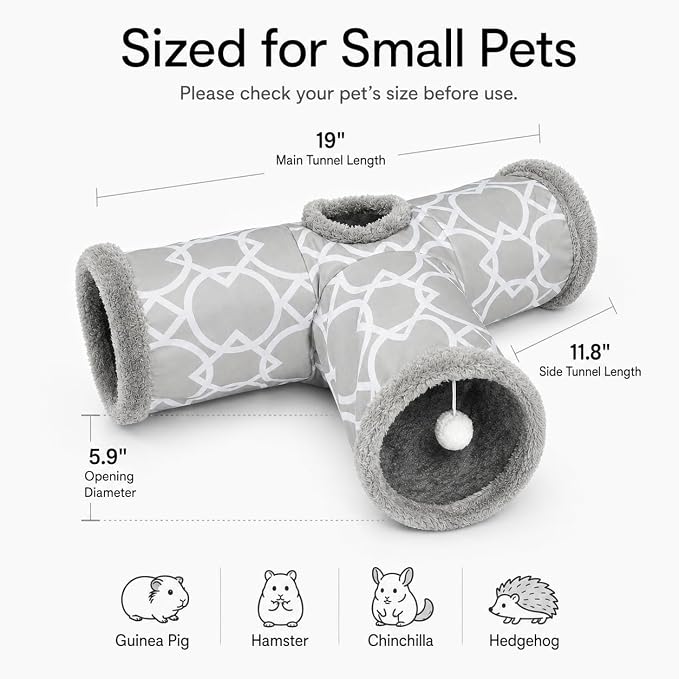 Plush Inside 3-Way Shape Small Animals Tube Tunnel with Interactive Ball for Guinea Pig, Hamster, Chinchilla, Hedgehog Hiding and Resting, Geometric Grey
