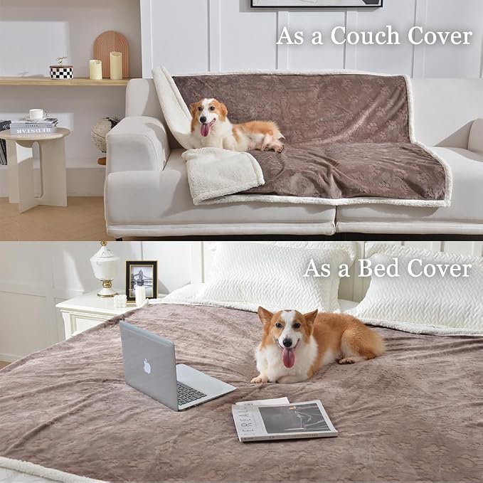 Qeils Waterproof Blanket for Bed, Dog Blankets for Large Dogs, Waterproof Cat Blanket Washable, Soft Sherpa Fleece Puppy Blanket, Reversible Throw Protector for Couch Car, 50"X60", Taupe