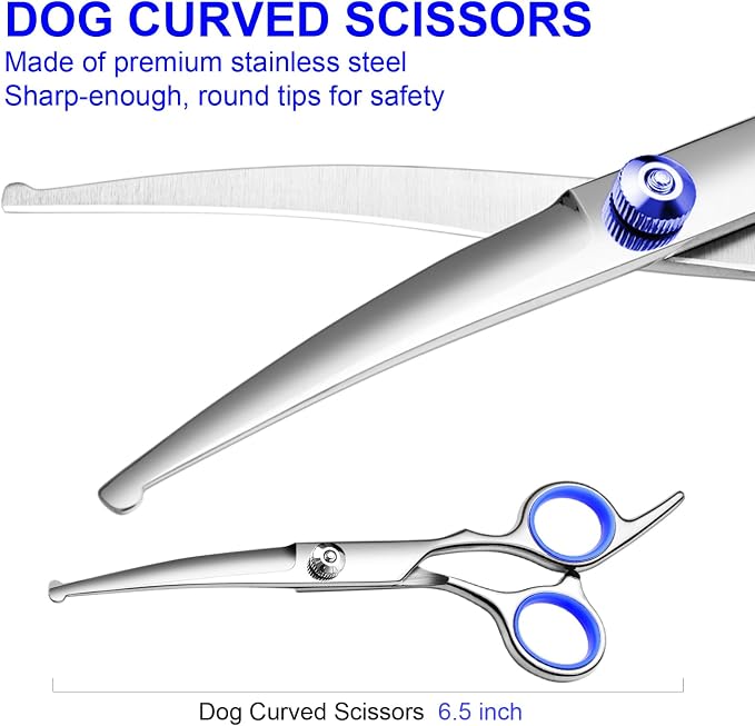 Dog Grooming Scissors Kit, Premium Stainless Steel Dog Shears with Curved Shears, Sharp Durable for Dogs Cats+Blue 4 Piece
