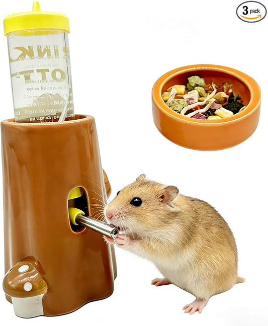 Hamster Water Bottle Ceramic Hamster Water Dispenser No Drip Feeder with Food Bowl for Mice Rats Hedgehog Chinchilla