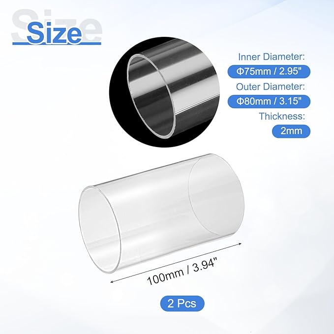 uxcell 2Pcs Clear Rigid Acrylic Pipe, 75mm(2.95") ID x 80mm(3.15") OD 4" Round Polycarbonate Tube Plastic Tubing for Plumbing, Lighting, Aquarium, DIY Projects