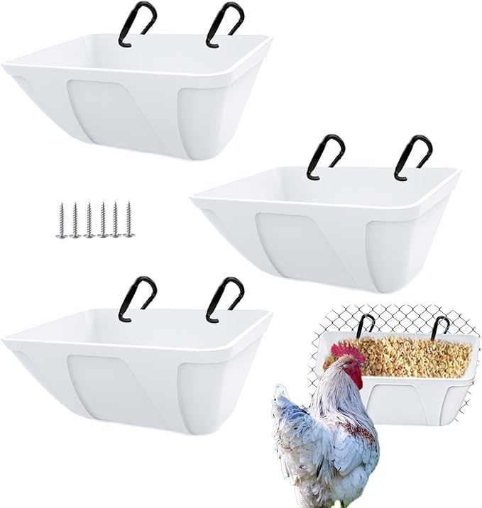 mozoba Hanging Chicken Feeder Trough for Goat Sheep Deer Poultry Duck Chicken Fence Feeder Livestock Feeding Container Goats Supplies Feeders Waterer Bucket (White)