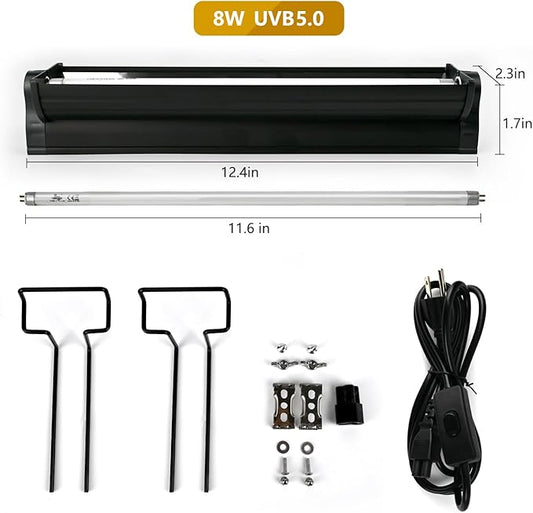 T5 UVB Lighting Combo Kit for Reptiles,8W Light Fixture with Desert 5.0 T5 UVB Light Bulbs Terrarium Hood Heat Lamp for Breaded Dragon,Turtle,Frog,Lizard,Tortoise,Gecko,Snake