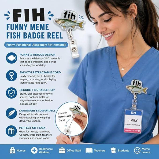 FIH Funny Meme Fish Badge Reel Cute Fun Animal Humor Retractable ID Holder Clip Cool Novelty Name Tag Medical Badge Reel for Men Women Nurse Gen Z Healthcare Worker Office Employee Accessories Gifts