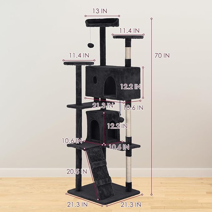 PayLessHere Cat Tree 70in Cat Tower with Cat Scratching Post,Multi-Level Cat Condo Stand House Furniture Kitty Activity Center with Furry Ball Toys Cat Tree for Indoor Cats,Dark Gray