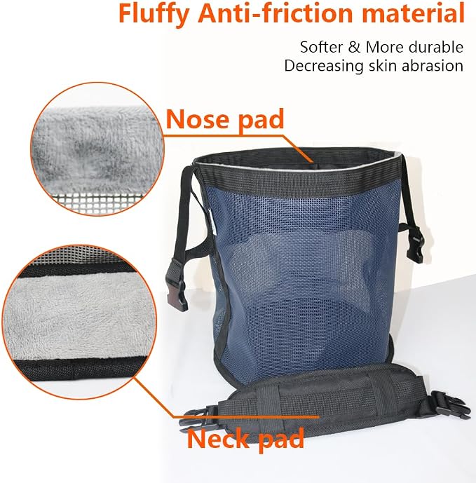 Horse Feed Bag,Heavy Duty Muzzle Feed Bag with Adjustable Strap,Comfort Neck Pad,Nose Pad and Double Waterproof Bottom Mesh Feed Bags for Horse Pack of 2 (Dark Blue+ Concrete Grey)
