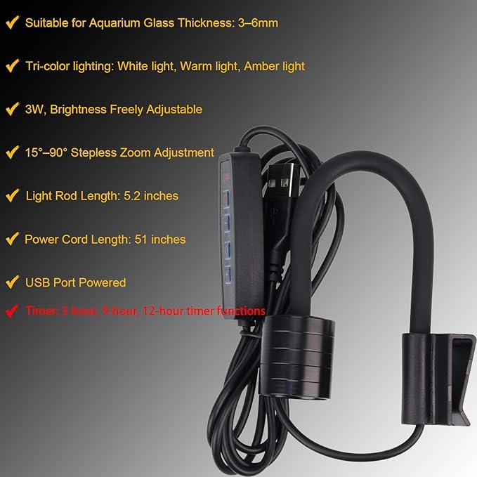 Zoom Mini Aquarium Spotlight with Timer – Gooseneck Clip-On Lamp, 15°–90° Zoom Beam, Tri-Color White/Warm White/Warm Light, Full Brightness Dimming (Black - 3H/9H/12H Timer)