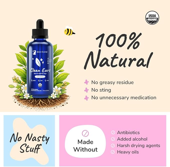 kin+kind Clean Ears - Natural Leave-in Dog Ear Cleanser - Certified USDA Organic - Fragrance Free - 12 fl oz