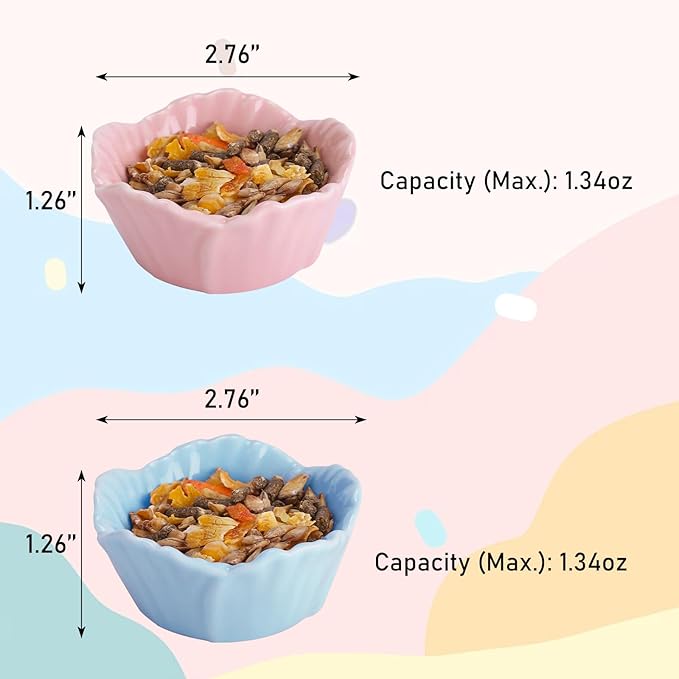 VanEnjoy 2 Pack Ceramic Guinea Pig Food Bowl Cute Flower Hamster Cage Accessories for Chinchilla Hedgehog Pink and Blue Small Animal Water Dish