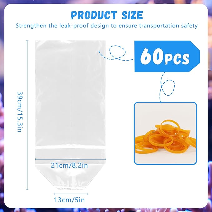 60 Pieces Fish Shipping Bags, Clear HDPE Plastic, Double Bottom Seal, Transport Bags for Live Fish, Freshwater & Saltwater Use