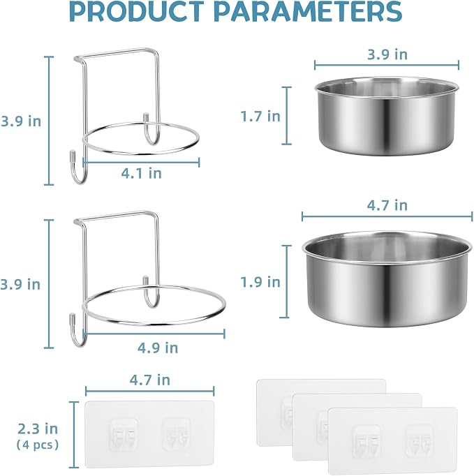 2 Pcs Small Wall Mounted Cat Bowls, Elevated Hanging Puppy Food and Water Bowls Stainless Steel Non-Spill Kitten Feeding Dish with Wall Mounted Hook for Small Pets (S (4x1.7'' & 4.7x2''))