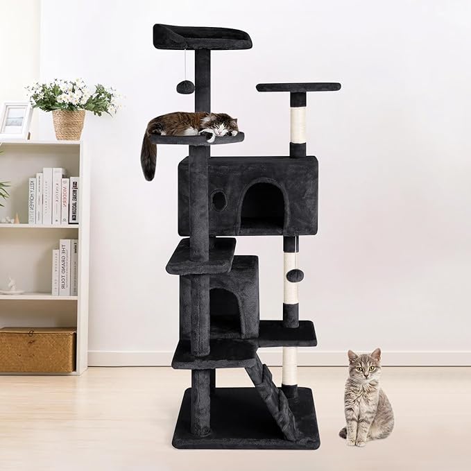 PayLessHere Cat Tree 54in Cat Tower with Cat Scratching Post,Multi-Level Cat Condo Stand House Furniture Kitty Activity Center with Furry Ball Toys Cat Tree for Indoor Cats (54in, Dark Grey)