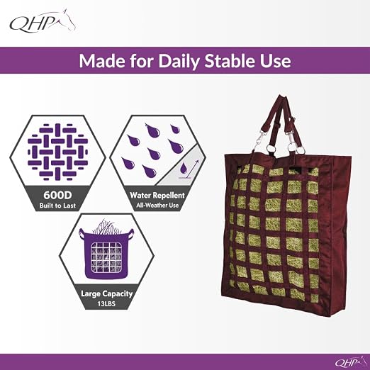 QHP Hay Bag for Horses | Slow Feed Horse Hay Bag | Horse Hay Feeder | 2.4" Mesh | Holds up to 13 lbs | Durable 600D Polyester | Stall, Trailer & Paddock | 2-Year Warranty (Burgundy)
