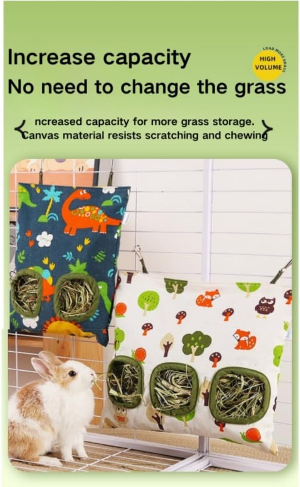 Rabbit Hay Feeder Bag for Cage Guinea Pig Timothy Hay Dispenser Storage Manger Hanging Large Less Waste for Bunny Guinea Pig Chinchilla (Forest Owl,Small)