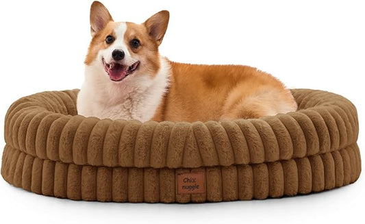 ChiXnuggle Dog Bed Large Sized Dog - Luxury Striped Faux Fur Waterproof Pet Couch with Removable Washable Cover, Orthopedic Pet Bed with Bolster Sides for Sleeping, Brown