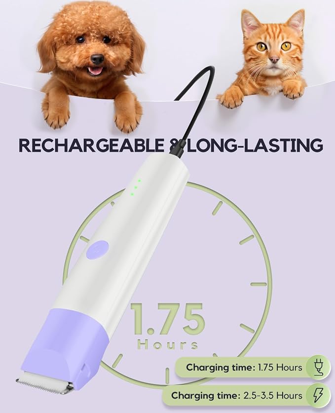 Dog Clippers Grooming Kit, 4 in 1 Quiet Cordless Dog Paw Trimmer & Nail Grinder, Small Cat Clippers Electric Rechargeable Low Noise Pet Shaver for Trimming Hair on Paw Eye Ear Face (Purple) | Quiet Cordless Dog Hair Trimmer for Paw Nail Grinder, Cat Gr...