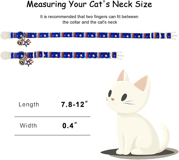 2 Pack 4th of July Cat Collars - Blue Stars & Stripes and Patriotic Popsicle Breakaway Cat Collars, Adjustable Soft Boy Girl Kitten Collar for Small Dogs Puppy with Bell & Pendant