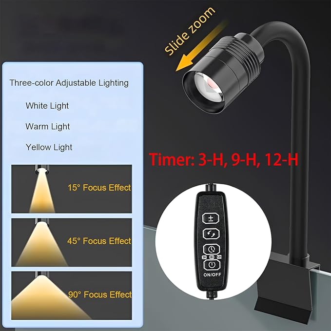 Zoom Mini Aquarium Spotlight with Timer – Gooseneck Clip-On Lamp, 15°–90° Zoom Beam, Tri-Color White/Warm White/Warm Light, Full Brightness Dimming (Black - 3H/9H/12H Timer)