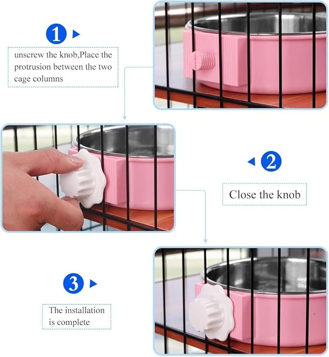 Pet Hanging Bowl 2-in-1 Removable Stainless Steel Food Hanging Bowl for Puppy/Cat, Andiker Pet Bowl Hanging Cage Large Water Food Feeder for Dogs Cats (Large, Pink)