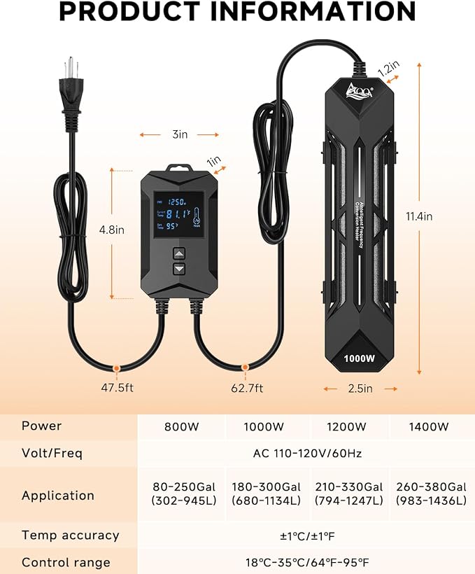AQQA Aquarium Heater,64-95°F Fast Heating Double Quartz Glass Tube Fish Tank Heater,High-definition LCD Controller Displays Real-time Power,Anti-dry and Over-temperature Protection (1400W 260-380 Gal)