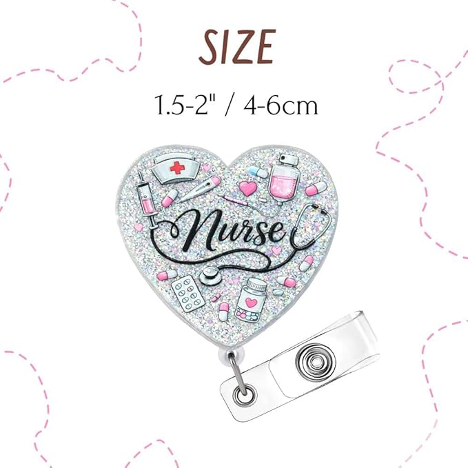 Nurse Heart Badge Reel Bling Acrylic Cardiac ID Name Holder with Retractable Clip Nursing Student School Essentials NICU ICU ER Accessories Valentine Gift Medical Assistant Cardiology MA RN LPN CNA