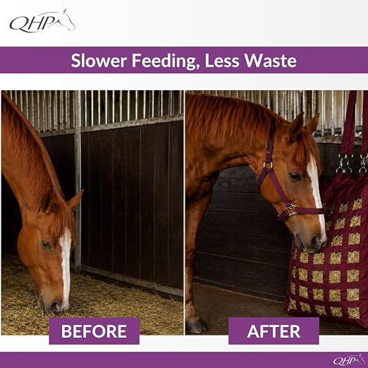 QHP Hay Bag for Horses | Slow Feed Horse Hay Bag | Horse Hay Feeder | 2.4" Mesh | Holds up to 13 lbs | Durable 600D Polyester | Stall, Trailer & Paddock | 2-Year Warranty (Burgundy)