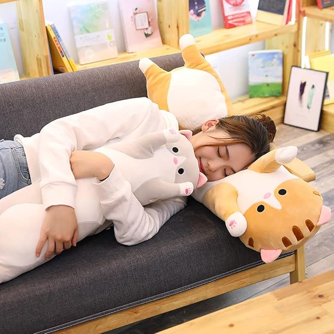Oeonuas Cute Cat Plush Long Body Pillow Cuddle Cartoon Stuffed Animals Cat Plushie Soft Doll Pillows Gifts for Kids Girls (Orange, 51")