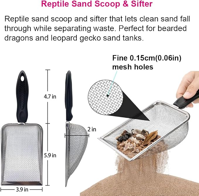 Reptile Sand Scoop Cleaning Kit for Bearded Dragon & Leopard Gecko Tank Accessories – Reptile Sand Sifter, Reptile Litter Scoop, Mini Brush & Dustpan, Hanging Waste Bag Dispenser