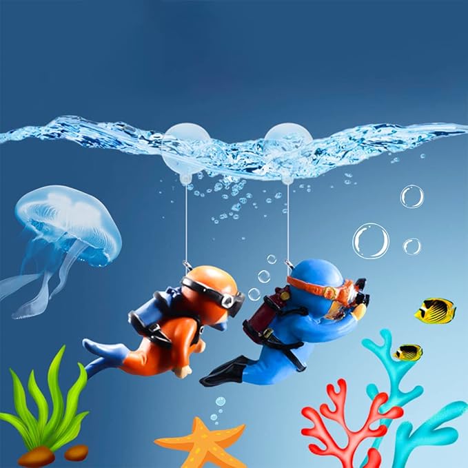 Gift Wrapped 2 Pack Fish Tank Decorations, Cute Diver Aquarium Ornaments Decor Toy with Funny Floating Device Aquarium Accessories for All Kinds of Fish and Aquatic Pets (2Pcs Blue G)