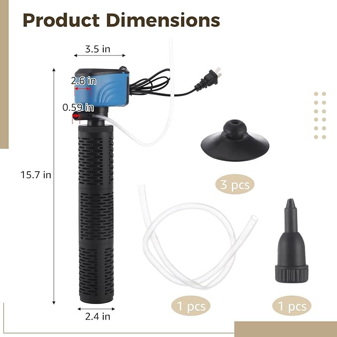 Submersible Aquarium Filter, 35W Aquarium Pump with Filtration, Aeration, and Water Circulation, Low-Noise Internal Fish Tank Filter for Saltwater and Freshwater