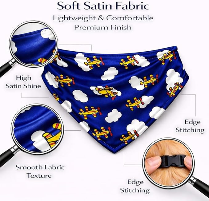 Luxury Satin Dog Bandana – Slip-On Collar Style, Premium Pet Scarf for Medium, Large & XL Dogs – Special Occasion Accessory (Collar Not Included) (Medium - Extra Large, Airplane (G) Luxe - Satin)