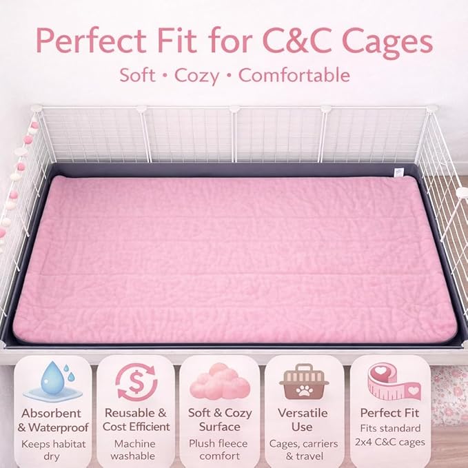 Reusable Guinea Pig C&C Cage Liner – Pink Fleece Bedding with Absorbent Core & Waterproof Bottom – Fits C&C 2x4 Guinea Pig Cages – Ideal for Small Animal Homes (Pink, 2X4 C&C)