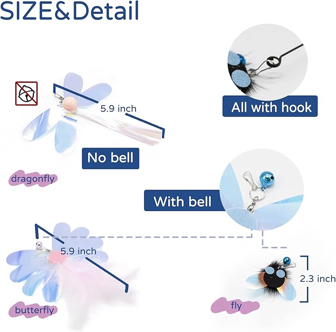 Shiny Insect Replacements for Cat Wand Toy, 7 PCS Kitten Teaser Refills with Bells for Cat Fishing Pole Toy, Bugs Refills for Interactive Play, Chase and Exercise, (Insects + Teaser)