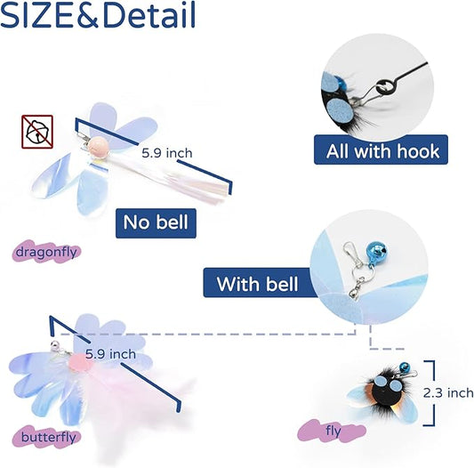 Shiny Insect Replacements for Cat Wand Toy, 7 PCS Kitten Teaser Refills with Bells for Cat Fishing Pole Toy, Bugs Refills for Interactive Play, Chase and Exercise, (Insects + Teaser)