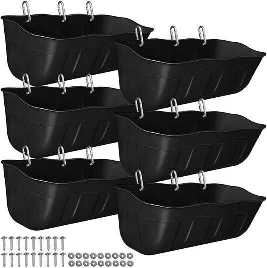 Hanging Goat Feeders,Chicken Feeder Waterer,Large Feed Trough 7.5 Quart 6 Pack,Hanging Fence Feed Trough for Poultry Livestock,Black
