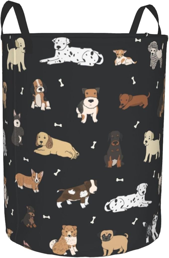 Cute Dogs Round Laundry Hamper Cartoon Puppy Animals Storage Basket Toys Clothes Organizer Bin For Home Bathroom Bedroom Dorm Nursery, 38l