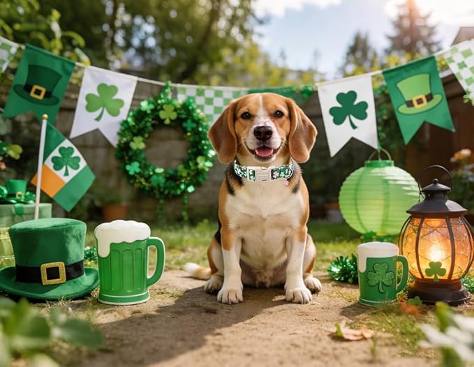 Lionet Paws St. Patrick Dog Collar- Cute Clover Green Dog Collars with Plastic Buckle, Light Adjustable Dogs Collars with Pink Clover Pendant for Medium Dogs