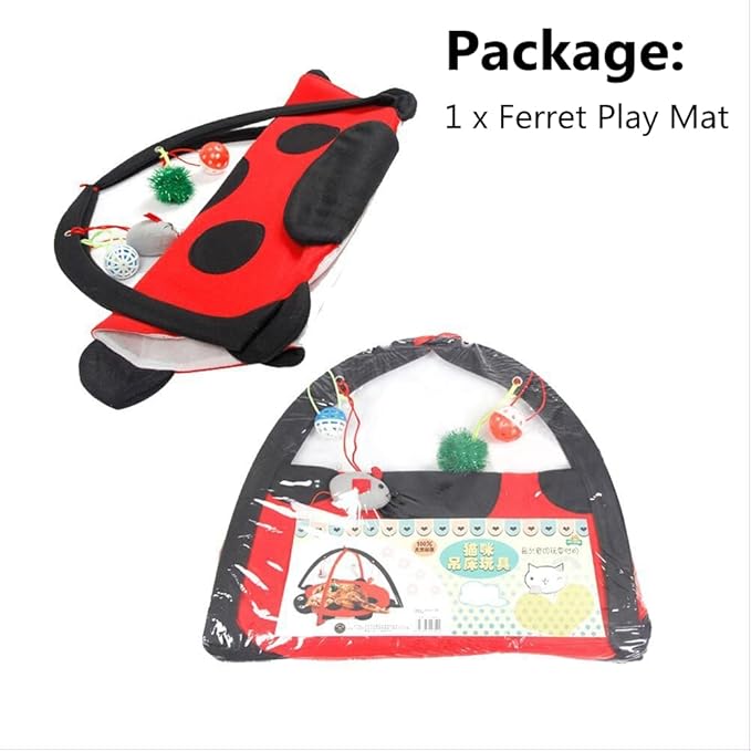 Ferret Play Mat - Foldable Fleece Activity Center with Hang Toys Balls Mice Small Animal Interactive Mat Tent Toy for Exercise Napping (Ladybug)
