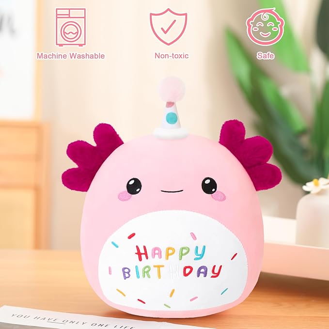 SQEQE Happy Birthday Axolotl Plush Axolotl Stuffed Animal Toy Pink Birthday Plushies Home Decor for Girls Boys Kids (8Inch)