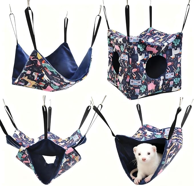 4 Pack Ferret Hammock, Soft Small Animal Washable Guinea Pig Hideout Bed Ferret Cage Accessories for Rat Sugar Glider Squirrel Guinea Pig Hedgehog Hamster (Navy Blue)