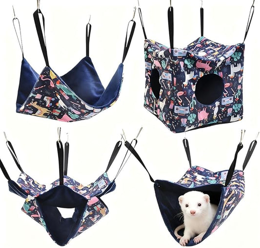 4 Pack Ferret Hammock, Soft Small Animal Washable Guinea Pig Hideout Bed Ferret Cage Accessories for Rat Sugar Glider Squirrel Guinea Pig Hedgehog Hamster (Navy Blue)