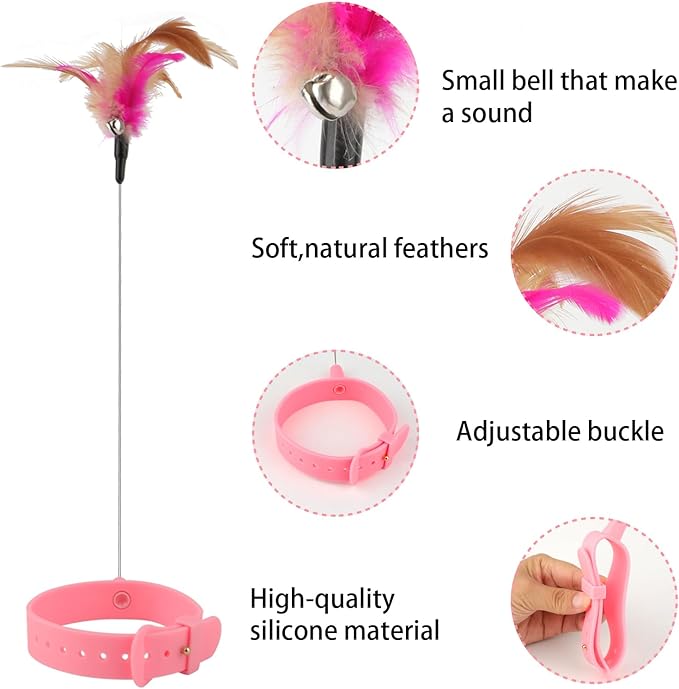 KALAMANDA Cat Collar Toy, 3 Pcs Cat Feather Toy with Neck Collar, Interactive Self Playing Toys with Bell for Indoor Kittens Small Animals(Pink/Blue/Green)