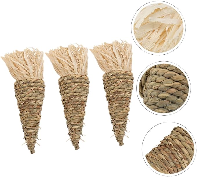 TOYANDONA 3Pcs Natural Grass Carrot Chew Small Animal Teeth Cleaning Chewing for Rabbits Guinea Pigs Chinchillas Hamsters Stress Relief Molar Care Pet Supplies