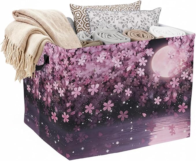 56L Cherry Blossoms Laundry Basket Clothes Hamper with Handles,Foldable Blanket Storage Large Laundry Hamper with Waterproof PE,Toy Storage Bin Organizer,Cube Clothes Organizer,Home Decor