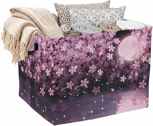 56L Cherry Blossoms Laundry Basket Clothes Hamper with Handles,Foldable Blanket Storage Large Laundry Hamper with Waterproof PE,Toy Storage Bin Organizer,Cube Clothes Organizer,Home Decor