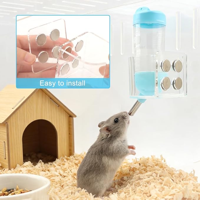Magnetic Hamster Water Bottle Holder - Adjustable Height, Drop-Resistant Freestanding Stand, Fits Bottles up to 2" Dia for Hamsters Gerbils Mice Small Pets