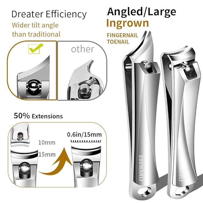 EBEWANLI Nail Clipper Set, Slanted Angled Ingrown Toenail Clipper and Curved Nail Clipper Cutters, 2Pcs Stainless Steel Finger Nail Clippers Adult